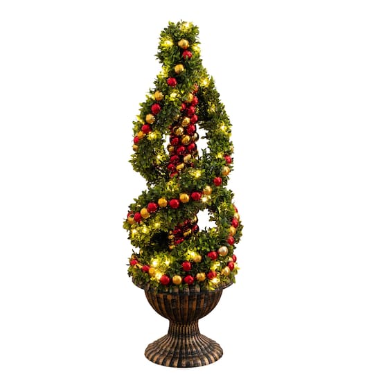 Nearly Natural 3Ft Pre-Lit Spiral Boxwood Topiary with Ornaments Artificial Christmas Tree in Decorative Urn | 3 ft | Michaels®